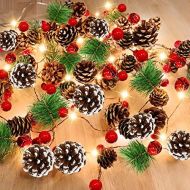 TURNMEON 30LED 10Ft Christmas String Lights Garland Decor with Pinecone Red Berry Pine Needles Bell Battery Operated Xmas Garland Christmas Decoration Indoor Outdoor Mantle Firepla