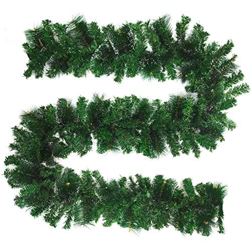  TURNMEON 9 Ft by 10 Inch Christmas Pine Garland with 30 Snowy Bristle Pine 220 Branches Greenery Artificial Xmas Garland Christmas Decoration Fireplace Mantel Stair Railing Home Ou