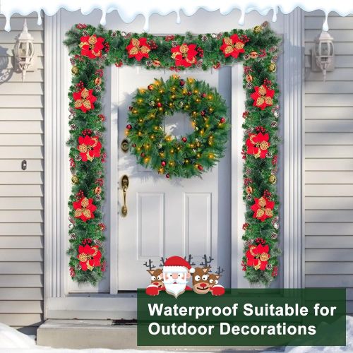  TURNMEON 9 Ft 100 LED Prelit Christmas Garland Decoration Lights Timer 8 Modes 30 Snowy Bristle Pine 6 Poinsettia 18 Balls 18 Pinecones 198 Red Berries Battery Operated Xmas Decor Indoor Ho