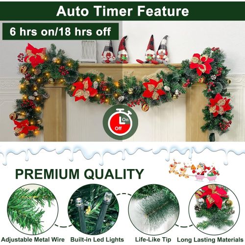  TURNMEON 9 Ft 100 LED Prelit Christmas Garland Decoration Lights Timer 8 Modes 30 Snowy Bristle Pine 6 Poinsettia 18 Balls 18 Pinecones 198 Red Berries Battery Operated Xmas Decor Indoor Ho