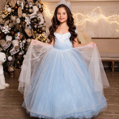  TYHTYM Stunning Blue Pageant Dresses for Girls Cinderella Costumes Puffy Tulle Princess Ball Gown Kids Birthday Party