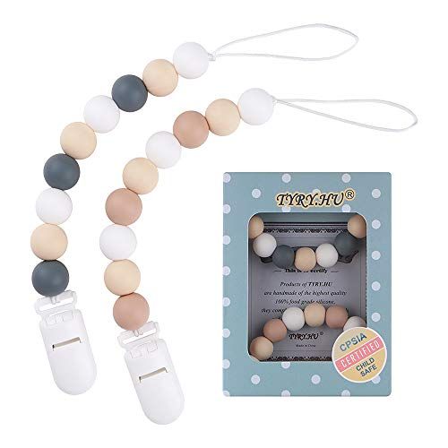  [아마존베스트]Pacifier Clip, TYRY.HU Silicone Teething Beads Binky Teether Holder for Girls, Baby Shower Gift, 2 Pack (White+Grey)