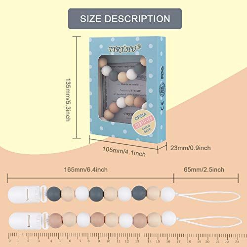  [아마존베스트]Pacifier Clip, TYRY.HU Silicone Teething Beads Binky Teether Holder for Girls, Baby Shower Gift, 2 Pack (White+Grey)