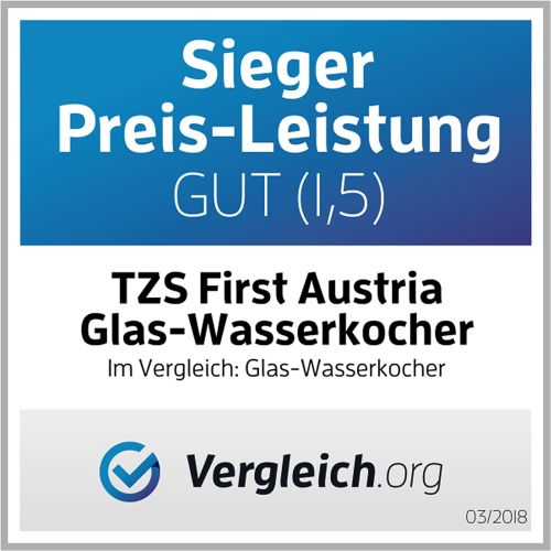  TZS First Austria - 2200 Watt Glas Edelstahl Wasserkocher 1,7 Liter blaue LED Beleuchtung 360 Grad, kabellos, Kalkfilter, BPA Frei, weiss