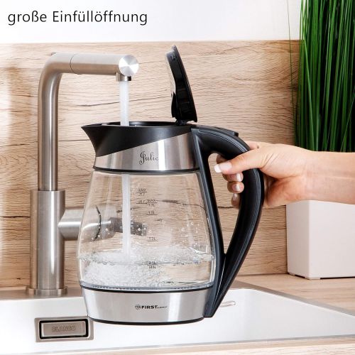  TZS First Austria -1,7L Edelstahl Glaswasserkocher mit Kalk-Filter | blaue LED Beleuchtung-Farbe | Wasserkocher aus Glas | BPA frei | Auto-OFF | 2200 Watt kabellos automatische Dec