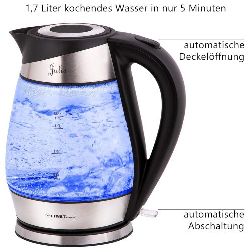  TZS First Austria -1,7L Edelstahl Glaswasserkocher mit Kalk-Filter | blaue LED Beleuchtung-Farbe | Wasserkocher aus Glas | BPA frei | Auto-OFF | 2200 Watt kabellos automatische Dec