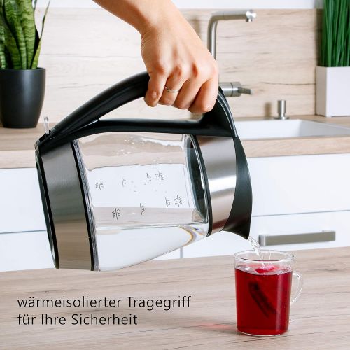  TZS First Austria -1,7L Edelstahl Glaswasserkocher mit Kalk-Filter | blaue LED Beleuchtung-Farbe | Wasserkocher aus Glas | BPA frei | Auto-OFF | 2200 Watt kabellos automatische Dec