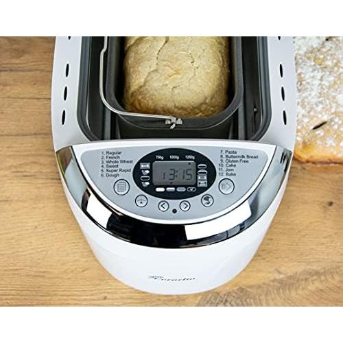  TZS First Austria - Brotbackautomat mit Rezeptheft, 1250g, 12 Automatik-Programmen, 2 Knethaken, Teig-Programm, Marmelade-Programm, Glutenfrei-Programm, Braeunungsgrad, Start-Verzoeg