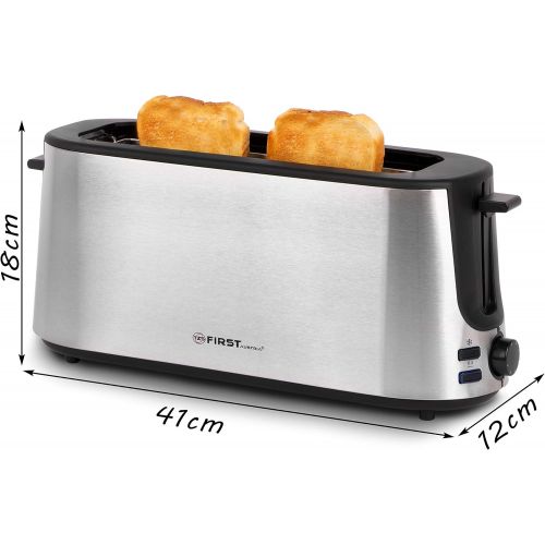  TZS First Austria - 2 Scheiben Automatik Toaster Edelstahl Langschlitztoaster 1000W integrierter Broetchenaufsatz, Cool-Touch Gehause, Kruemelschublade, Braunungsgrad einstellbar, La