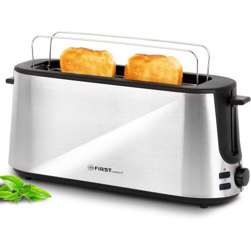  TZS First Austria - 2 Scheiben Automatik Toaster Edelstahl Langschlitztoaster 1000W integrierter Broetchenaufsatz, Cool-Touch Gehause, Kruemelschublade, Braunungsgrad einstellbar, La