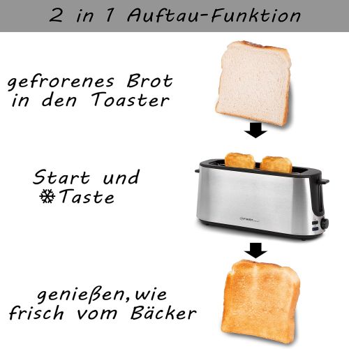  TZS First Austria - 2 Scheiben Automatik Toaster Edelstahl Langschlitztoaster 1000W integrierter Broetchenaufsatz, Cool-Touch Gehause, Kruemelschublade, Braunungsgrad einstellbar, La