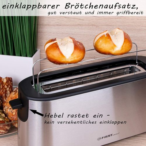  TZS First Austria - 2 Scheiben Automatik Toaster Edelstahl Langschlitztoaster 1000W integrierter Broetchenaufsatz, Cool-Touch Gehause, Kruemelschublade, Braunungsgrad einstellbar, La