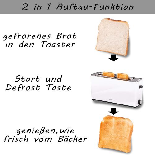  TZS First Austria - 2 Slices Long Slotted Toaster Toaster with Added Function, Cool-Touch Casing, Integrated Bun Attachment, Crumb Tray, Sandwich Toast, Suitable for Long Slotted T