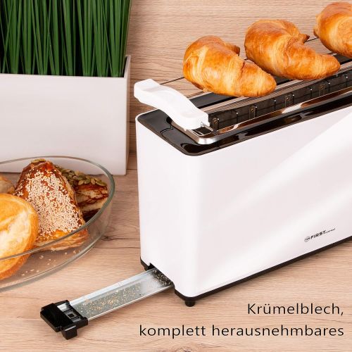  TZS First Austria - 2 Slices Long Slotted Toaster Toaster with Added Function, Cool-Touch Casing, Integrated Bun Attachment, Crumb Tray, Sandwich Toast, Suitable for Long Slotted T