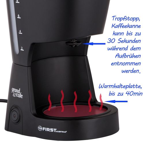  TZS First Austria - 10 Tassen Filterkaffeemaschine mit Dauerfilter 1 Liter Kaffeemaschine mit Warmhalteplatte | matt schwarz | Filtermaschine mit Glaskanne | Permanentfilter | Trop