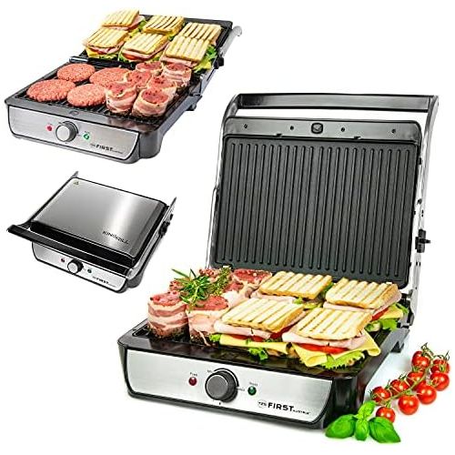  TZS First Austria - 2000W XXL elektrischer Kontaktgrill mit herausnehmbaren Platten, 180° OEffnung, Panini-Maker Grill Tischgrill mit Temperaturregler, grosse Platten, Fettauffangsch