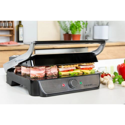  TZS First Austria - 2000W XXL elektrischer Kontaktgrill mit herausnehmbaren Platten, 180° OEffnung, Panini-Maker Grill Tischgrill mit Temperaturregler, grosse Platten, Fettauffangsch