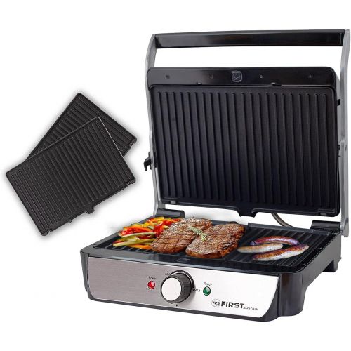  TZS First Austria - 2000W XXL elektrischer Kontaktgrill mit herausnehmbaren Platten, 180° OEffnung, Panini-Maker Grill Tischgrill mit Temperaturregler, grosse Platten, Fettauffangsch