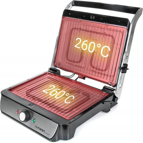  TZS First Austria - 2000W XXL elektrischer Kontaktgrill mit herausnehmbaren Platten, 180° OEffnung, Panini-Maker Grill Tischgrill mit Temperaturregler, grosse Platten, Fettauffangsch