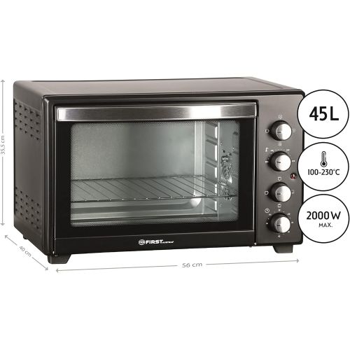  TZS First Austria - 45L 2000 Watt Mini Backofen mit Innenbeleuchtung | Umluft-Funktion | Drehspiess fuer 2 Huehnchen | Mini Pizza-ofen | herausnehmbares Kruemelblech