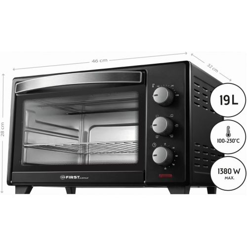  TZS First Austria - 19 Liter Minibackofen mit Kruemelblech | 1380 Watt | Innenbeleuchtung | Umluft | Mini Pizza-Ofen | Doppelglastuer | Timer | Backofen | Mini Backofen | Pizzaofen