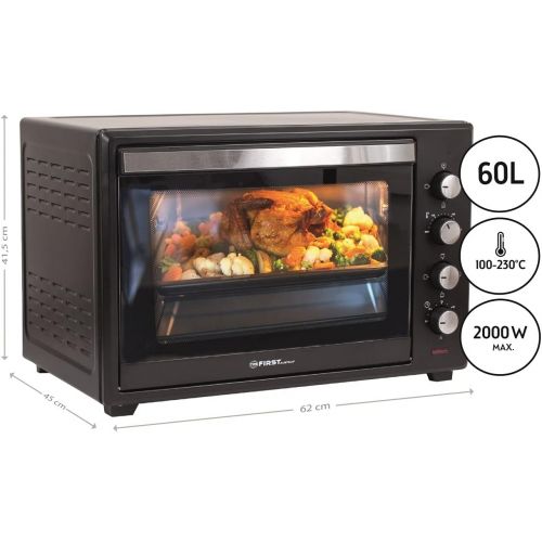  TZS First Austria - 60 Liter Mini-Backofen mit Kruemelblech | Innenbeleuchtung | Drehspiess | Umluft-Funktion | Platz fuer 2 Pizzen auf einem Gitterrost | Doppelglastuer, Mini-Pizza-Of