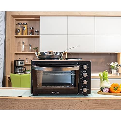  TZS First Austria - 45 Liter 3200 Watt Mini-Backofen mit Kochplatten und Kruemelblech| Drehspiess und Umluft Mini Pizzaofen | Mini-Kueche | Kochplatten separat bedienbar | gleichzeiti