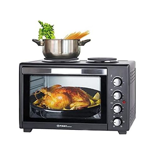  TZS First Austria - 45 Liter 3200 Watt Mini-Backofen mit Kochplatten und Kruemelblech| Drehspiess und Umluft Mini Pizzaofen | Mini-Kueche | Kochplatten separat bedienbar | gleichzeiti