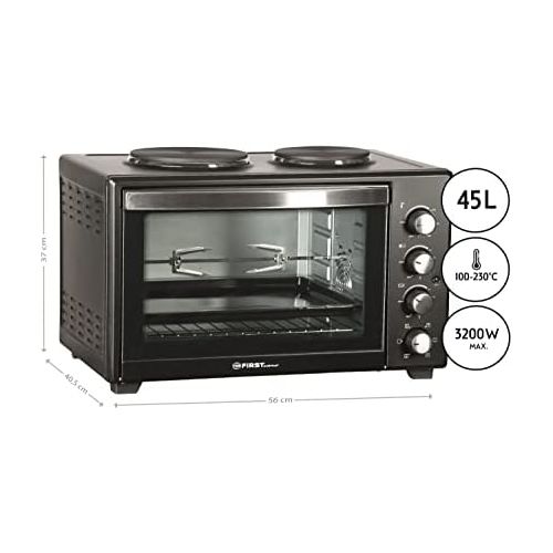  TZS First Austria - 45 Liter 3200 Watt Mini-Backofen mit Kochplatten und Kruemelblech| Drehspiess und Umluft Mini Pizzaofen | Mini-Kueche | Kochplatten separat bedienbar | gleichzeiti