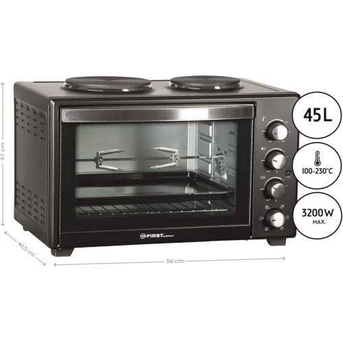  TZS First Austria - 45 Liter 3200 Watt Mini-Backofen mit Kochplatten und Kruemelblech| Drehspiess und Umluft Mini Pizzaofen | Mini-Kueche | Kochplatten separat bedienbar | gleichzeiti