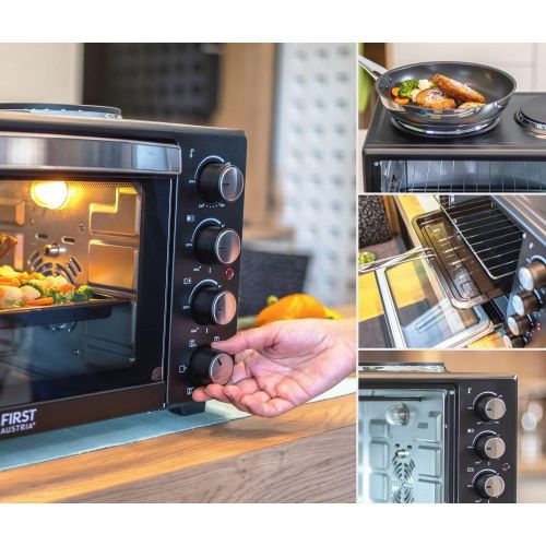  TZS First Austria - 45 Liter 3200 Watt Mini-Backofen mit Kochplatten und Kruemelblech| Drehspiess und Umluft Mini Pizzaofen | Mini-Kueche | Kochplatten separat bedienbar | gleichzeiti