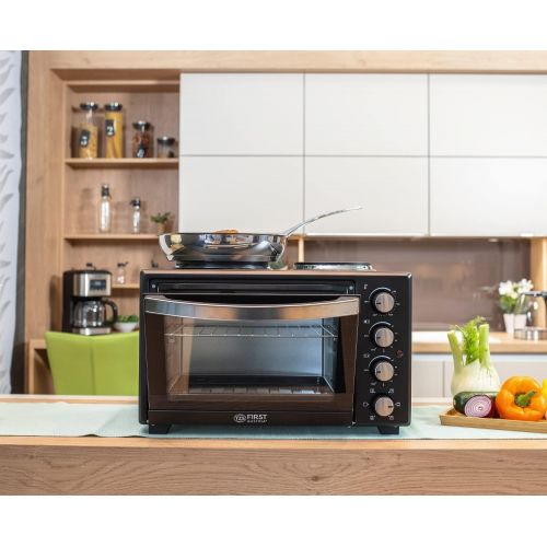  TZS First Austria - 45 Liter 3200 Watt Mini-Backofen mit Kochplatten und Kruemelblech| Drehspiess und Umluft Mini Pizzaofen | Mini-Kueche | Kochplatten separat bedienbar | gleichzeiti