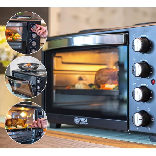  TZS First Austria - 45 Liter 3200 Watt Mini-Backofen mit Kochplatten und Kruemelblech| Drehspiess und Umluft Mini Pizzaofen | Mini-Kueche | Kochplatten separat bedienbar | gleichzeiti