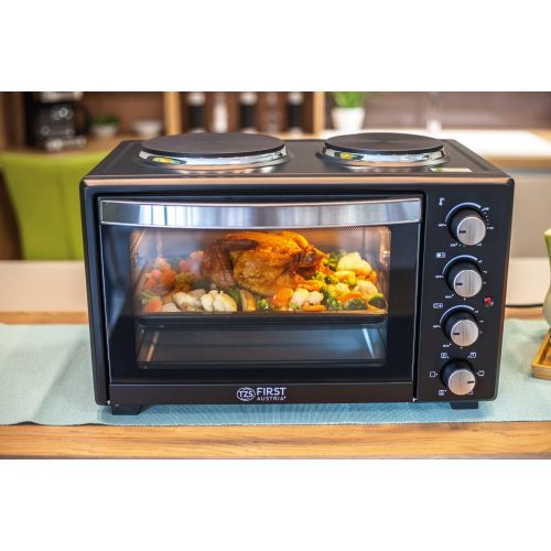  TZS First Austria - 45 Liter 3200 Watt Mini-Backofen mit Kochplatten und Kruemelblech| Drehspiess und Umluft Mini Pizzaofen | Mini-Kueche | Kochplatten separat bedienbar | gleichzeiti