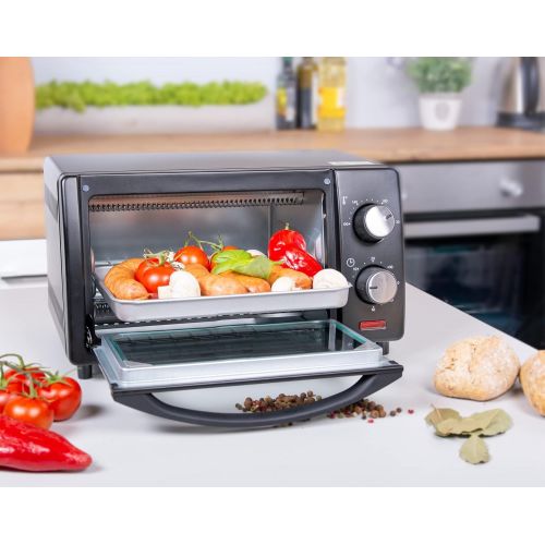  TZS First Austria -10 Liter Minibackofen mit 800 Watt | Unter-Oberhitze bis 230 Grad stufenlose Temperaturregelung | 60 Minuten Timer | 2 Einschubhoehen | Doppelglastuer | Mini Ofen