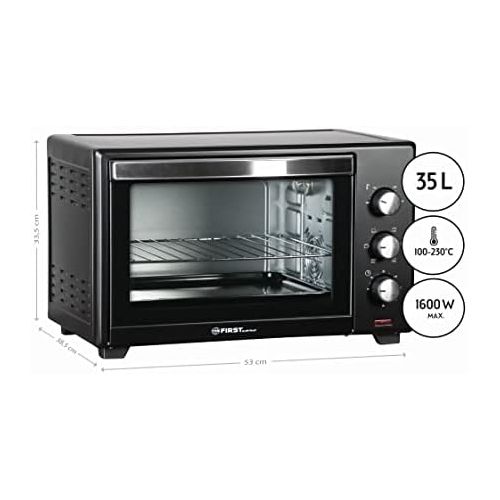  TZS First Austria - 35 Liter, 1600 Watt Minibackofen mit Innenbeleuchtung und Umluft Mini Pizza-Ofen, Doppelglastuer, Timer | Mini Backofen | Pizzaofen | herausnehmbares Kruemelblech