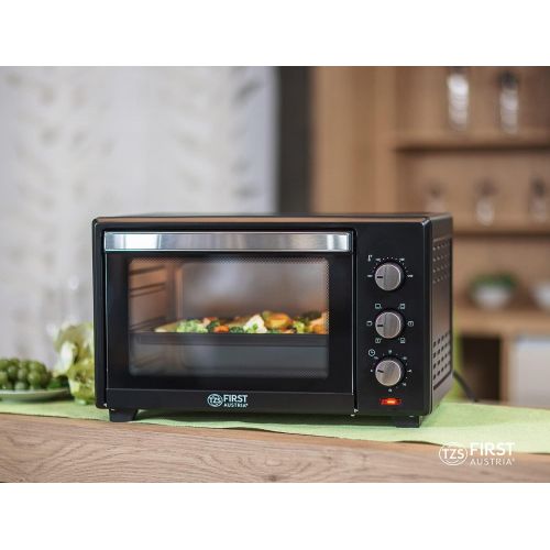  TZS First Austria - 35 Liter, 1600 Watt Minibackofen mit Innenbeleuchtung und Umluft Mini Pizza-Ofen, Doppelglastuer, Timer | Mini Backofen | Pizzaofen | herausnehmbares Kruemelblech