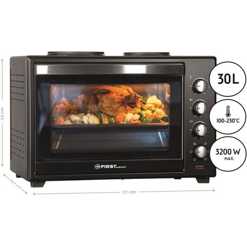  TZS First Austria - 30 Liter 3200 Watt Mini-Backofen mit Kochplatten und Kruemelblech | Drehspiess und Umluft Mini Pizzaofen | Mini-Kueche | Kochplatten separat bedienbar | gleichzeit