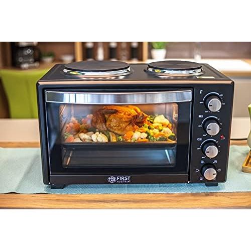  TZS First Austria - 60 Liter 3400W Mini-Backofen mit Kochplatten und Kruemelblech | Innenbeleuchtung | Drehspiess | Umluft | Mini-Pizza-Ofen | Kochplatten separat bedienbar | Doppelg