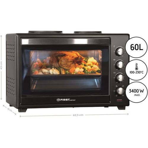  TZS First Austria - 60 Liter 3400W Mini-Backofen mit Kochplatten und Kruemelblech | Innenbeleuchtung | Drehspiess | Umluft | Mini-Pizza-Ofen | Kochplatten separat bedienbar | Doppelg