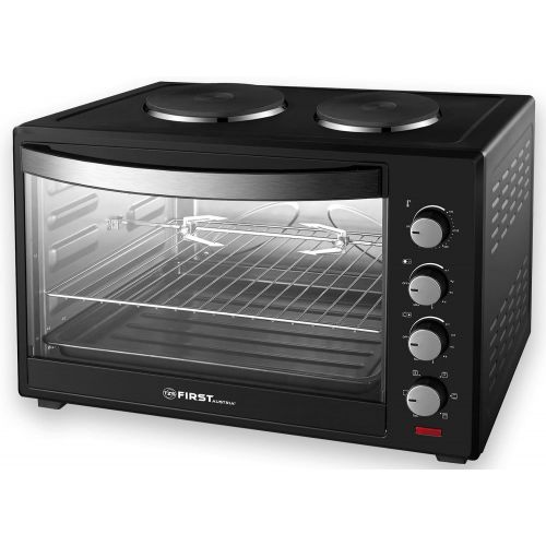  TZS First Austria - 60 Liter 3400W Mini-Backofen mit Kochplatten und Kruemelblech | Innenbeleuchtung | Drehspiess | Umluft | Mini-Pizza-Ofen | Kochplatten separat bedienbar | Doppelg