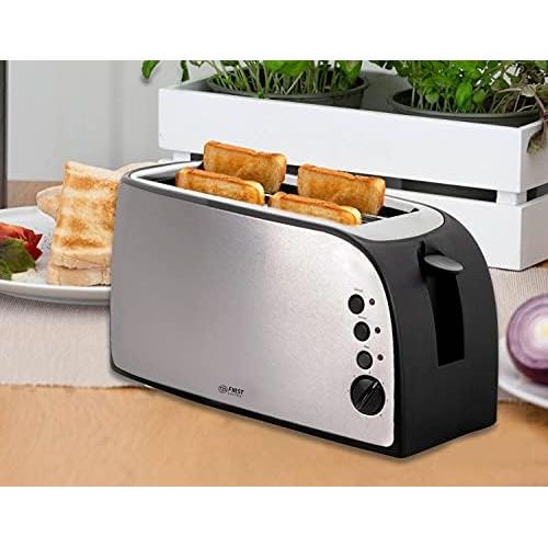  TZS First Austria - Toaster 4 Scheiben Langschlitz 1500W mit Kruemelschublade | Broetchenaufsatz | warmeisoliertes Gehause, Temperatureinstellung, Edelstahlgehause, Auftaufunktion, B