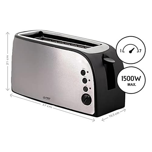  TZS First Austria - Toaster 4 Scheiben Langschlitz 1500W mit Kruemelschublade | Broetchenaufsatz | warmeisoliertes Gehause, Temperatureinstellung, Edelstahlgehause, Auftaufunktion, B