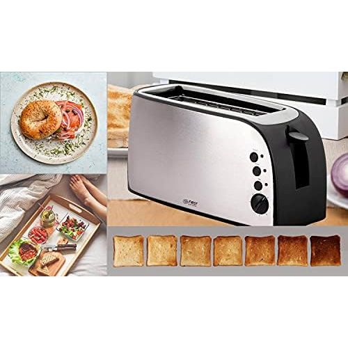  TZS First Austria - Toaster 4 Scheiben Langschlitz 1500W mit Kruemelschublade | Broetchenaufsatz | warmeisoliertes Gehause, Temperatureinstellung, Edelstahlgehause, Auftaufunktion, B