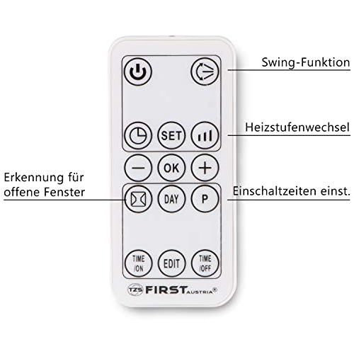  TZS First Austria - Keramik Wandheizluefter mit Fernbedienung und Temperatureinstellung von 10°C - 49°C | Offenes-Fenster-Funktion | Timer 1-12 Std | Heizluefter | Wochentage-Program