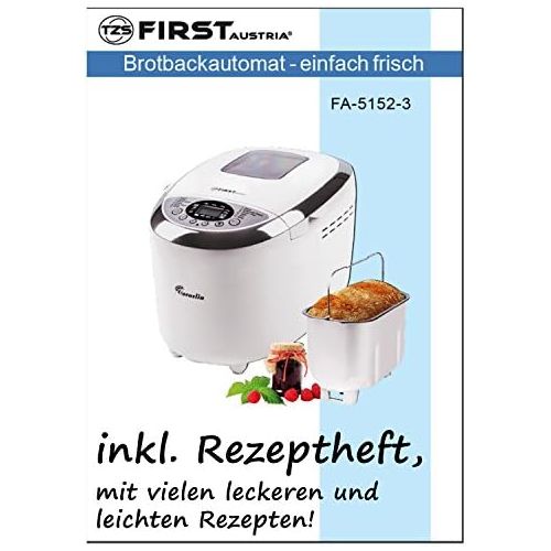  TZS First Austria - Brotbackautomat mit Rezeptheft, 1250g, 12 Automatik-Programmen, 2 Knethaken, Teig-Programm, Marmelade-Programm, Glutenfrei-Programm, Braunungsgrad, Start-Verzoeg