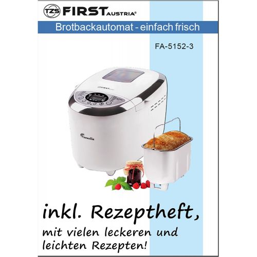  TZS First Austria - Brotbackautomat mit Rezeptheft, 1250g, 12 Automatik-Programmen, 2 Knethaken, Teig-Programm, Marmelade-Programm, Glutenfrei-Programm, Braunungsgrad, Start-Verzoeg