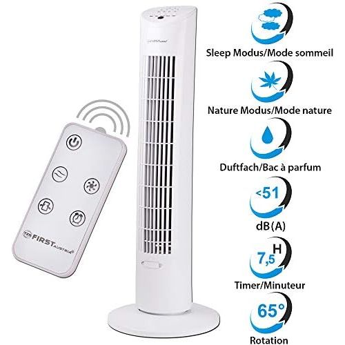  TZS First Austria - 60 Watt 79cm Saulenventilator mit Fernbedienung | Sleep-Modus | Nature-Modus | 7,5 Std Timer | Oscillation | Duftfach | Turmventilator | Towerventilator | maxim