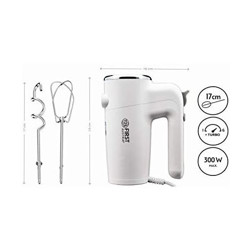  [아마존베스트]TZS First Austria Electric Hand Stirrer with Extra Long Whisk for Deep Bowls 300 W | 6 Speeds Turbo Button | Hand Mixer Stainless Steel Whisk and Dough Hook | Stirrer White | Hand Stirrer