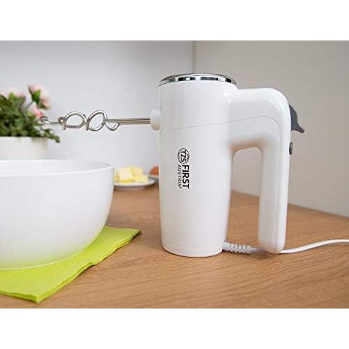  [아마존베스트]TZS First Austria Electric Hand Stirrer with Extra Long Whisk for Deep Bowls 300 W | 6 Speeds Turbo Button | Hand Mixer Stainless Steel Whisk and Dough Hook | Stirrer White | Hand Stirrer